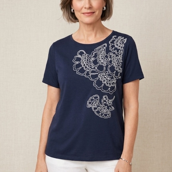 Talbots Tops - NWOT Talbots Luxury Modal Embroidered Short Sleeve Top Navy Blue, Size 1X Petite